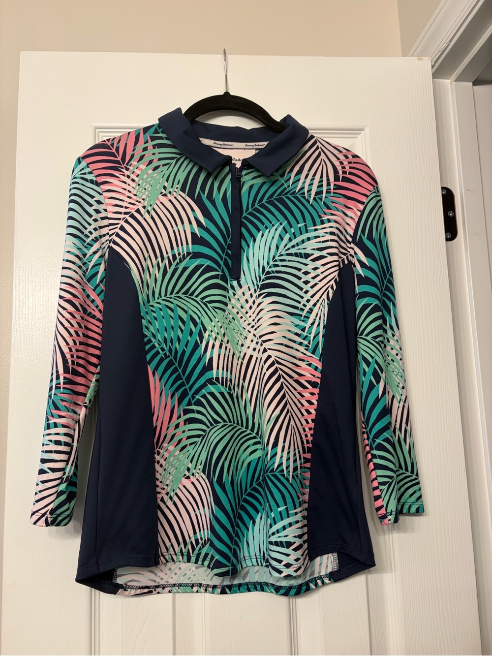 Tommy Bahama Golf Tropical Palm Zip-Front Polo 3/4 Sleeves- Navy, Teal & Pink